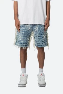 Allover Frayed Denim Shorts - Blue