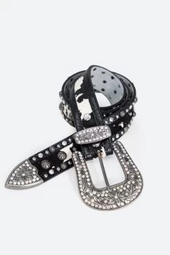 Cow Print Studded Belt - Black
