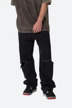 Knee Distressed Ultra Baggy Denim - Black -clothing Knee Distressed Ultra Baggy Denim Black 6