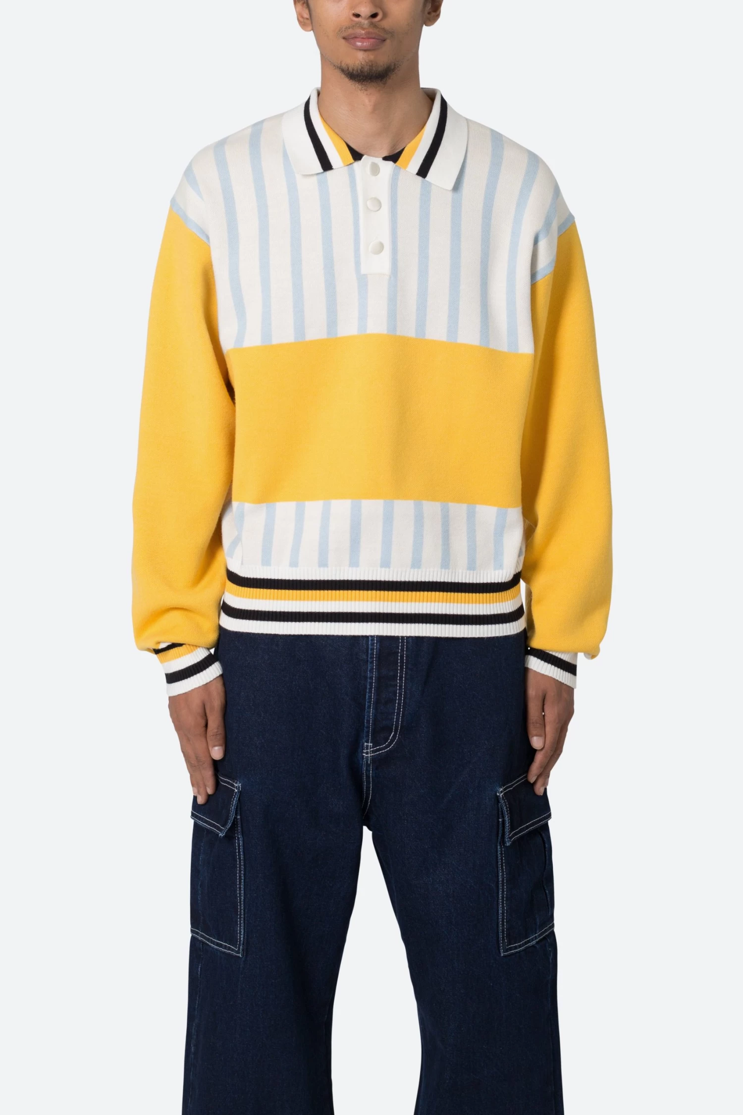 Knit Stripe L/S Polo - Blue/Yellow 4 Knit Stripe L/S Polo - Blue/Yellow - Image 2