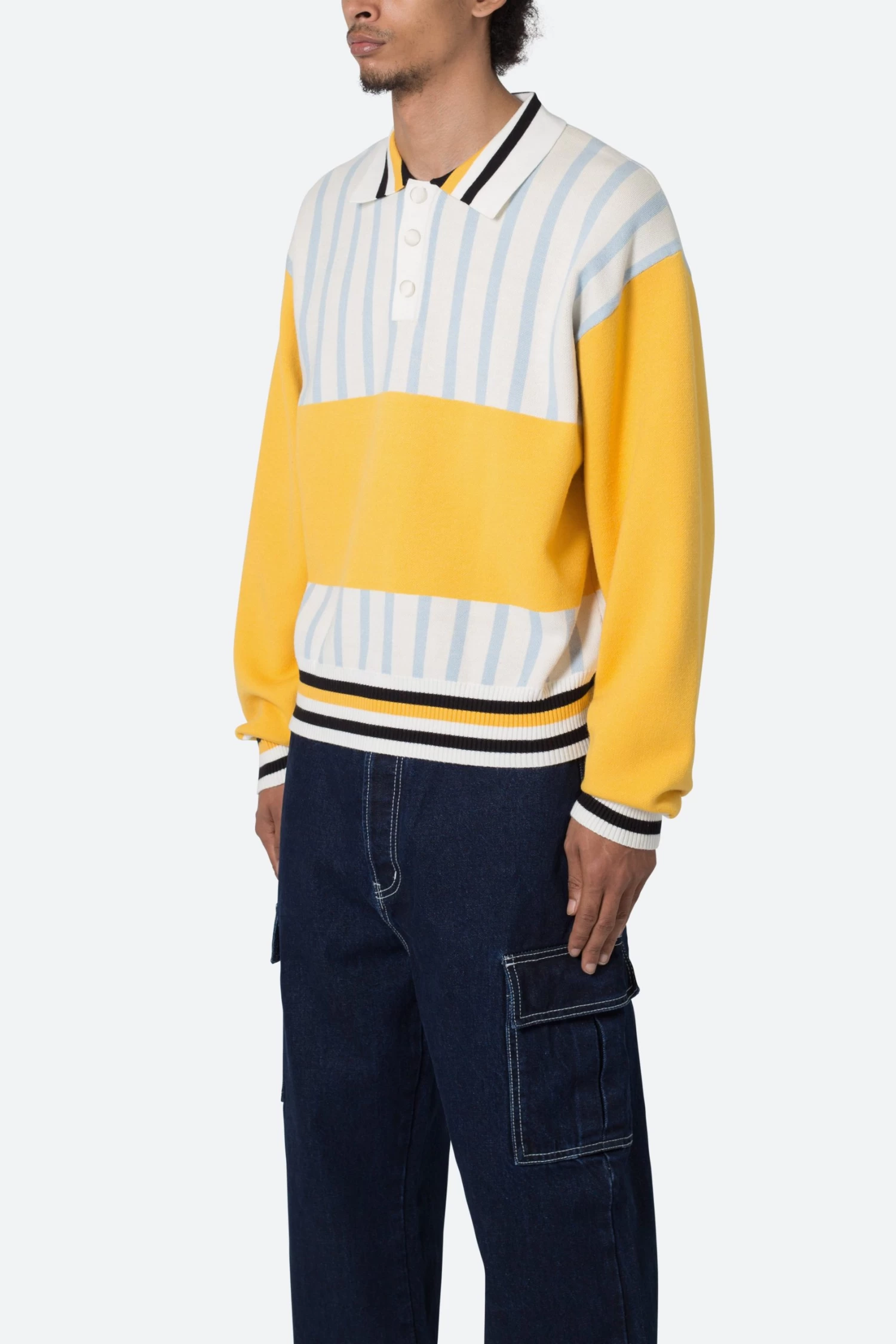 Knit Stripe L/S Polo - Blue/Yellow 5 Knit Stripe L/S Polo - Blue/Yellow - Image 3