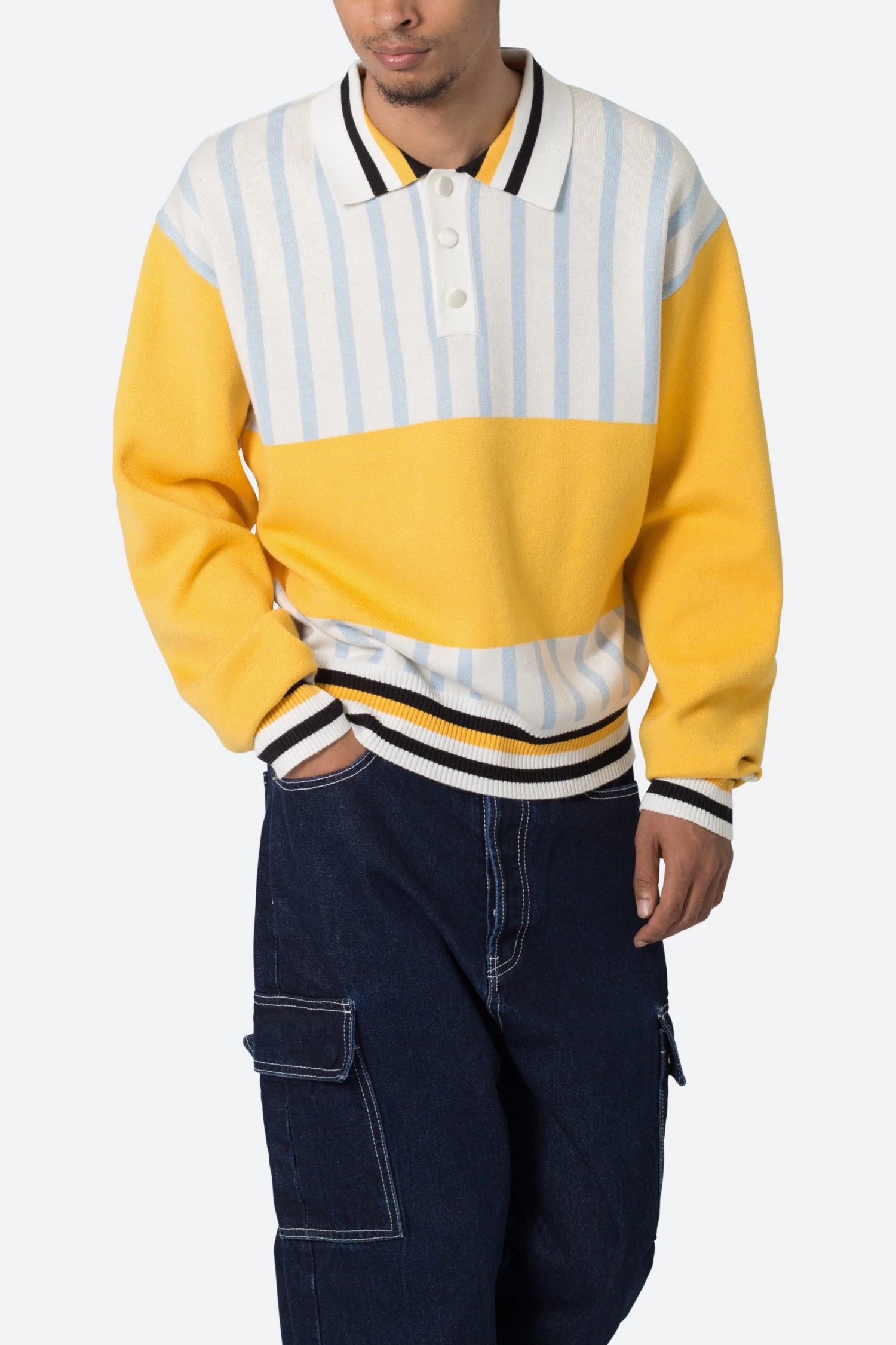 Knit Stripe L/S Polo - Blue/Yellow 8 Knit Stripe L/S Polo - Blue/Yellow - Image 6
