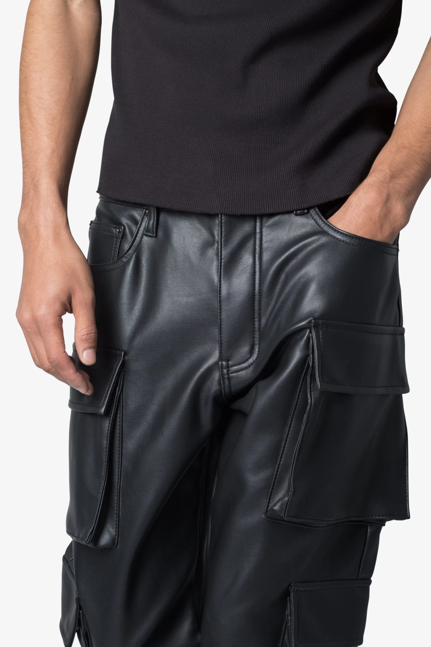 Leather Double Snap Cargo Pants - Black 9 Leather Double Snap Cargo Pants - Black - Image 7